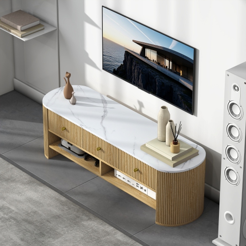 HOMCOM TV Stand with Storage, Modern TV Table with Marble-Effect Top, 3 Drawers and 2 Open Shelves for 32-65 Inch Television, Entertainment Center