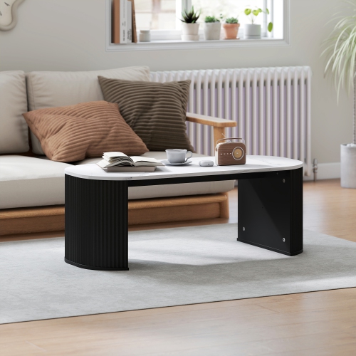 HOMCOM – Table basse, table centrale moderne avec surface en effet de marbre, pattes épaisses et coins arrondis pour salon, noir