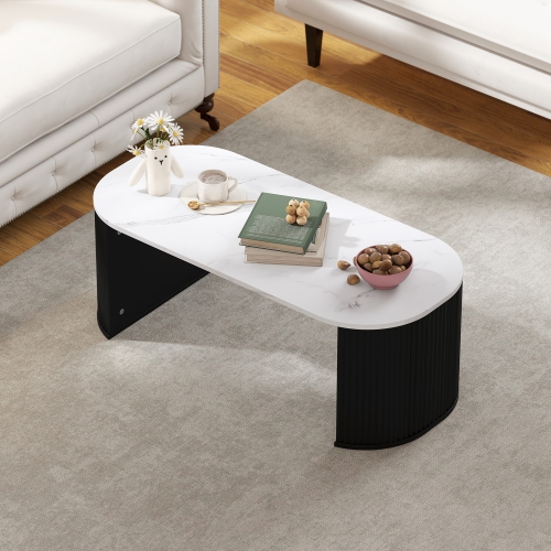 HOMCOM – Table basse, table centrale moderne avec surface en effet de marbre, pattes épaisses et coins arrondis pour salon, noir