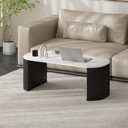 HOMCOM – Table basse, table centrale moderne avec surface en effet de marbre, pattes épaisses et coins arrondis pour salon, noir