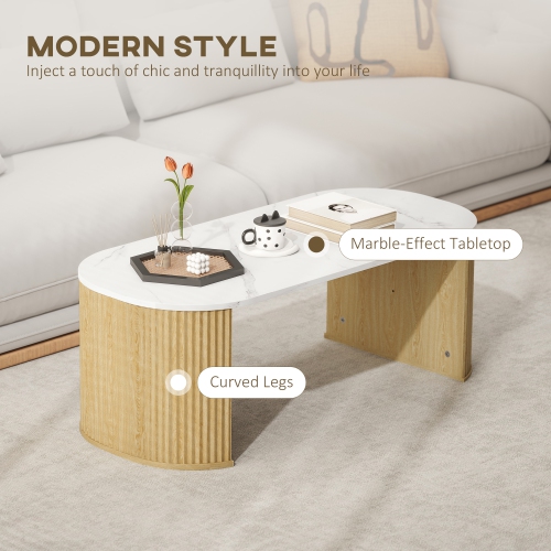 HOMCOM – Table basse, table centrale moderne en effet marbre avec coins ronds et pattes épaisisses pour le salon, bois naturel