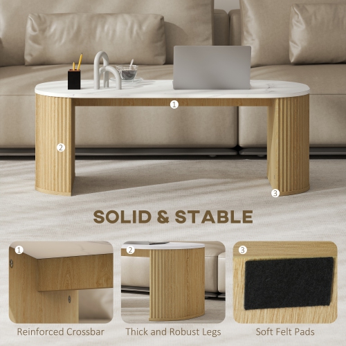 HOMCOM – Table basse, table centrale moderne en effet marbre avec coins ronds et pattes épaisisses pour le salon, bois naturel