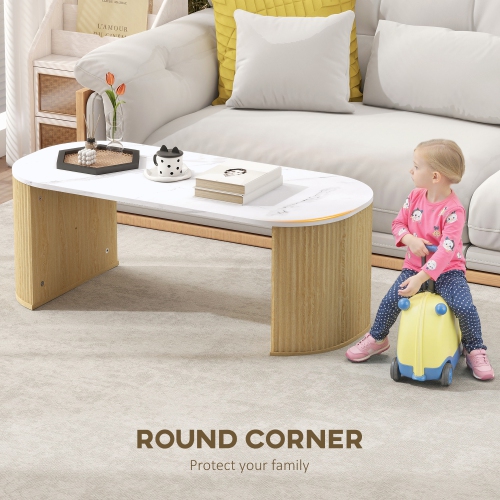 HOMCOM – Table basse, table centrale moderne en effet marbre avec coins ronds et pattes épaisisses pour le salon, bois naturel