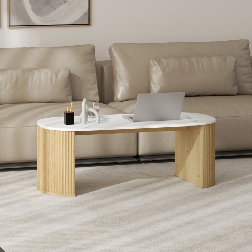 HOMCOM – Table basse, table centrale moderne en effet marbre avec coins ronds et pattes épaisisses pour le salon, bois naturel