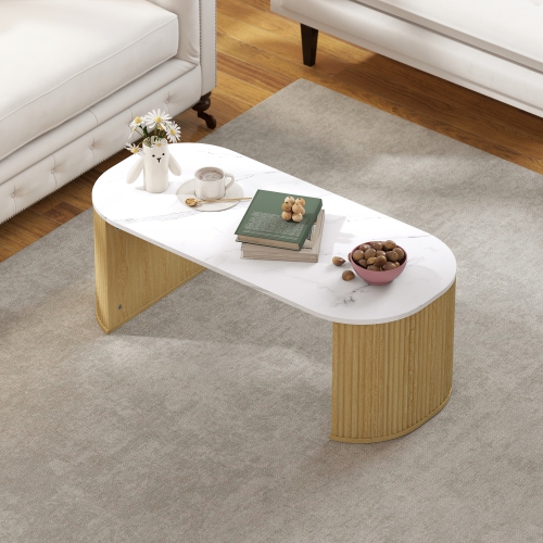 HOMCOM – Table basse, table centrale moderne en effet marbre avec coins ronds et pattes épaisisses pour le salon, bois naturel