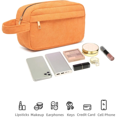 Mini sac à cosmétiques portatif en velours côtelé avec grande capacité, sac de rangement pour rouge à lèvres, élégant et simple - orange