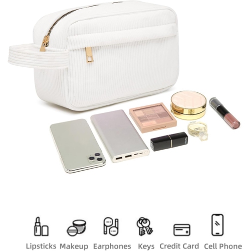 Mini sac à cosmétiques portatif en velours côtelé avec grande capacité, sac de rangement pour rouge à lèvres, élégant et simple - Blanc