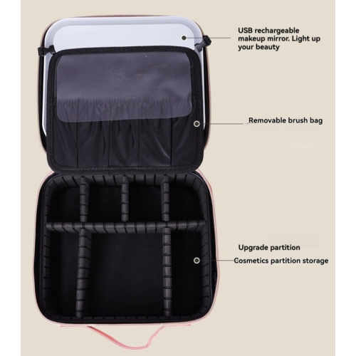 Portable Large-Capacity Makeup Bag and Storage Case with LED Light, Mirror, and Layered Storage - Black