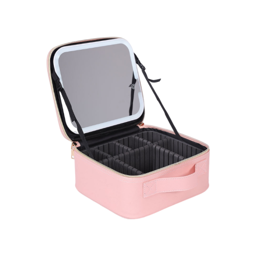 Sac de maquillage portatif grande capacité et étui de rangement avec lampe LED, miroir et rangement superposé - Rose