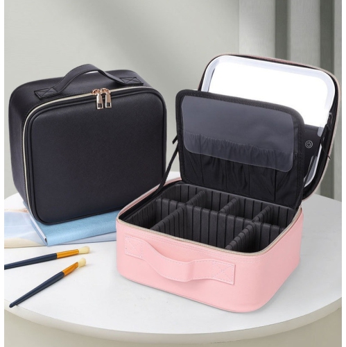 Sac de maquillage portatif grande capacité et étui de rangement avec lampe LED, miroir et rangement superposé - Rose