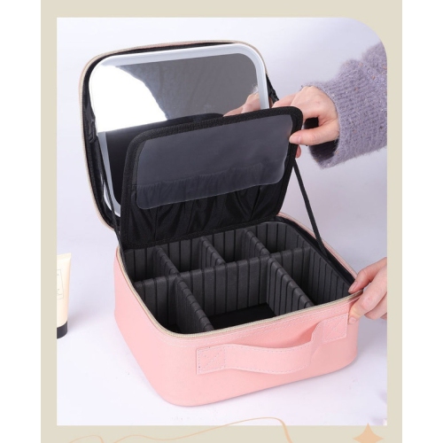 Sac de maquillage portatif grande capacité et étui de rangement avec lampe LED, miroir et rangement superposé - Rose