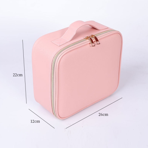 Sac de maquillage portatif grande capacité et étui de rangement avec lampe LED, miroir et rangement superposé - Rose