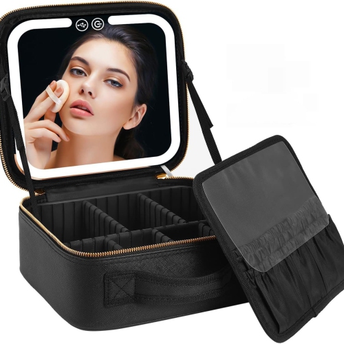LED cosmetic bag with mirror, lighted cosmetic mirror storage large capacity portable portable storage bag for travel