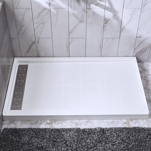 WOODBRIDGE Solid Surface Shower Base with Recessed Trench Side Including Stainless Steel Linear Cover, 48" L x 36" W x4 H,Left Drain White Color
