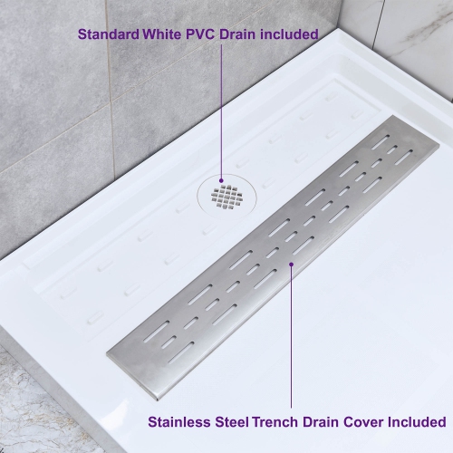 WOODBRIDGE Solid Surface Shower Base with Recessed Trench Side Including Stainless Steel Linear Cover, 48" L x 36" W x4 H,Left Drain White Color