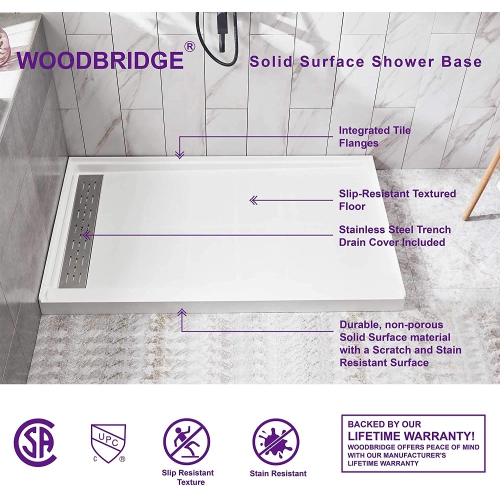 WOODBRIDGE Solid Surface Shower Base with Recessed Trench Side Including Stainless Steel Linear Cover, 48" L x 36" W x4 H,Left Drain White Color