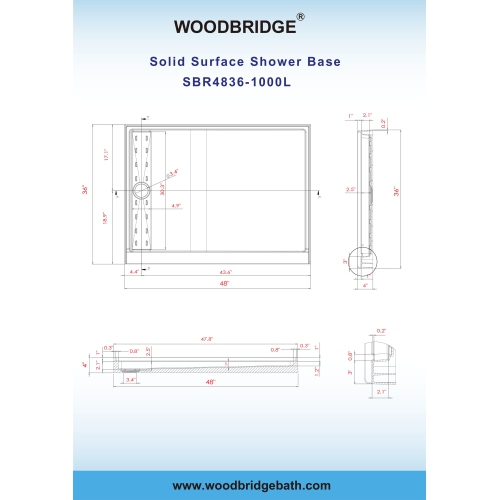WOODBRIDGE Solid Surface Shower Base with Recessed Trench Side Including Stainless Steel Linear Cover, 48" L x 36" W x4 H,Left Drain White Color