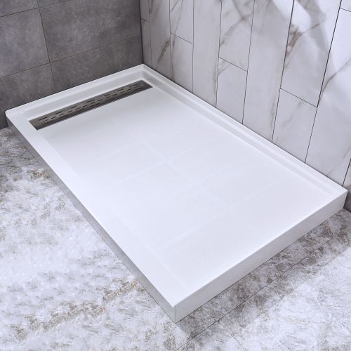 WOODBRIDGE Solid Surface Shower Base with Recessed Trench Side Including Stainless Steel Linear Cover, 48" L x 36" W x4 H,Left Drain White Color