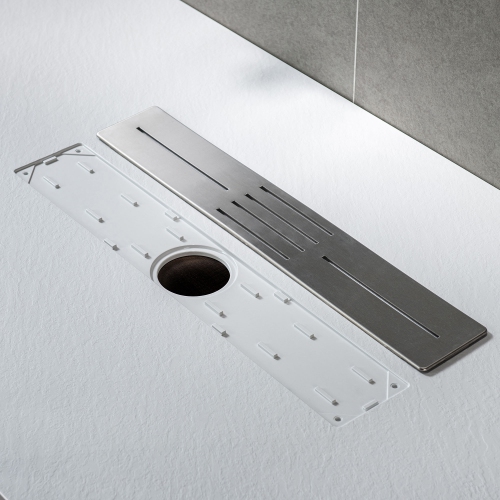 WOODBRIDGE 47.5" L x 31.5" W Zero Threshold End Drain Shower Base with Center Drain Placement, Matching Decorative Drain Plate and Tile Flange,Wheel