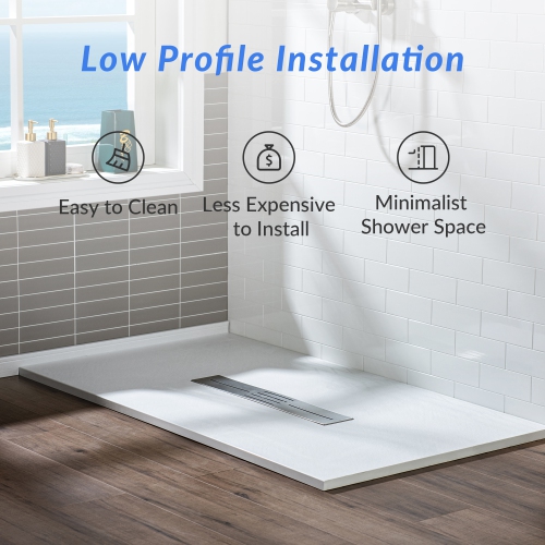 WOODBRIDGE 47.5" L x 31.5" W Zero Threshold End Drain Shower Base with Center Drain Placement, Matching Decorative Drain Plate and Tile Flange,Wheel