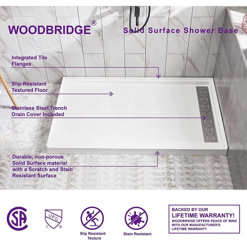 WOODBRIDGE Solid Surface Shower Base with Recessed Trench Side Including Stainless Steel Linear Cover, 48" L x 36" W x4 H,Right Drain White Color