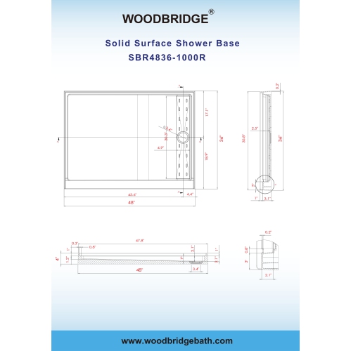 WOODBRIDGE Solid Surface Shower Base with Recessed Trench Side Including Stainless Steel Linear Cover, 48" L x 36" W x4 H,Right Drain White Color