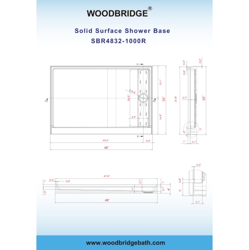 WOODBRIDGE Solid Surface Shower Base with Recessed Trench Side Including Stainless Steel Linear Cover, 48" L x 32" W x 4" H,Right Drain White Color