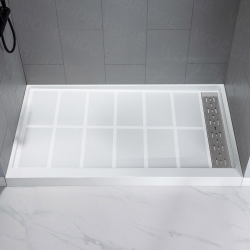 WOODBRIDGE Solid Surface Shower Base with Recessed Trench Side Including Stainless Steel Linear Cover, 48" L x 32" W x 4" H,Right Drain White Color
