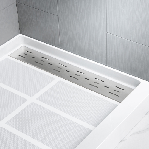 WOODBRIDGE Solid Surface Shower Base with Recessed Trench Side Including Stainless Steel Linear Cover, 48" L x 32" W x 4" H,Right Drain White Color