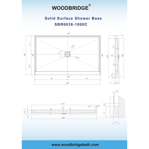 WOODBRIDGE Solid Surface Shower Base with Recessed Trench Side Including Stainless Steel Linear Cover, 60" L x 36" W x 4" H,Center Drain White Color