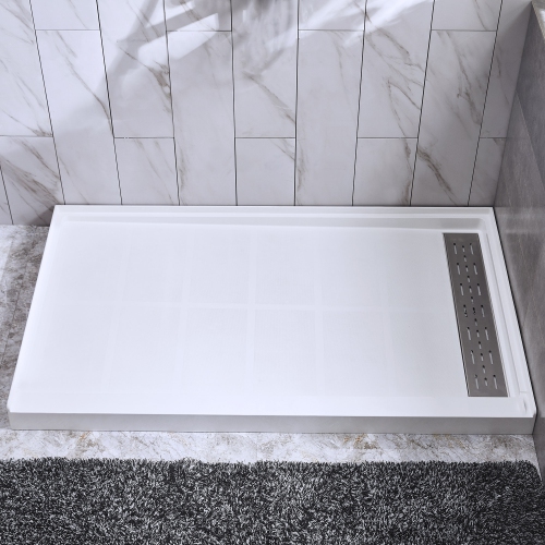 WOODBRIDGE Solid Surface Shower Base with Recessed Trench Side Including Stainless Steel Linear Cover, 60" L x 30" W x 4" H,Right Drain White Color