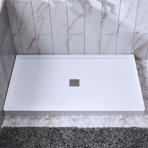 WOODBRIDGE Solid Surface Shower Base with Recessed Trench Side Including Stainless Steel Linear Cover, 60" L x 30" W x 4" H,Center Drain White Color