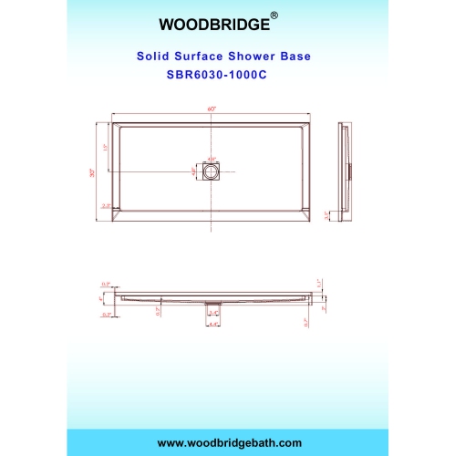 WOODBRIDGE Solid Surface Shower Base with Recessed Trench Side Including Stainless Steel Linear Cover, 60" L x 30" W x 4" H,Center Drain White Color