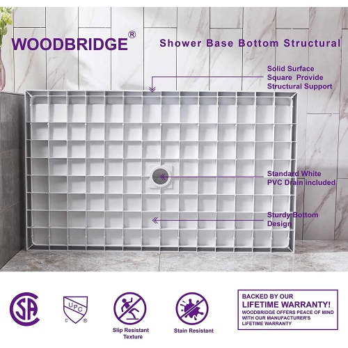 WOODBRIDGE Solid Surface Shower Base with Recessed Trench Side Including Stainless Steel Linear Cover, 60" L x 30" W x 4" H,Center Drain White Color