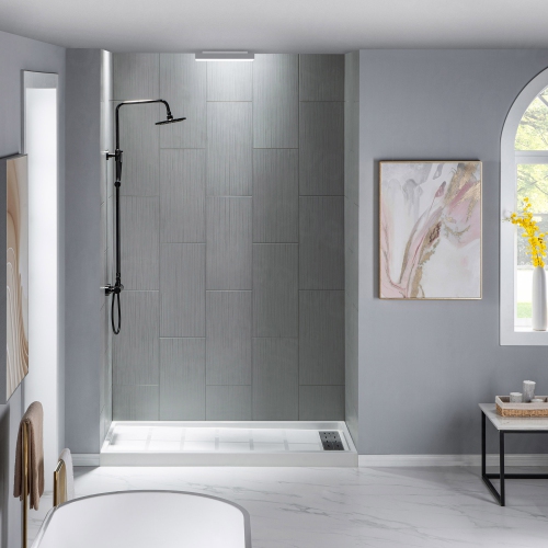 WOODBRIDGE Solid Surface Shower Base with Recessed Trench Side Including Stainless Steel Linear Cover, 60" L x 36" W x 4" H,Right Drain White Color