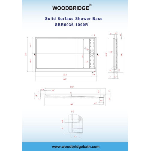 WOODBRIDGE Solid Surface Shower Base with Recessed Trench Side Including Stainless Steel Linear Cover, 60" L x 36" W x 4" H,Right Drain White Color