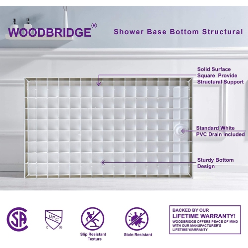 WOODBRIDGE Solid Surface Shower Base with Recessed Trench Side Including Stainless Steel Linear Cover, 60" L x 36" W x 4" H,Right Drain White Color