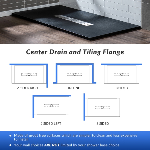 WOODBRIDGE 59" L x 35.4" W Zero Threshold End Drain Shower Base with Center Drain Placement,Matching Decorative Drain Plate and Tile Flange,Wheel