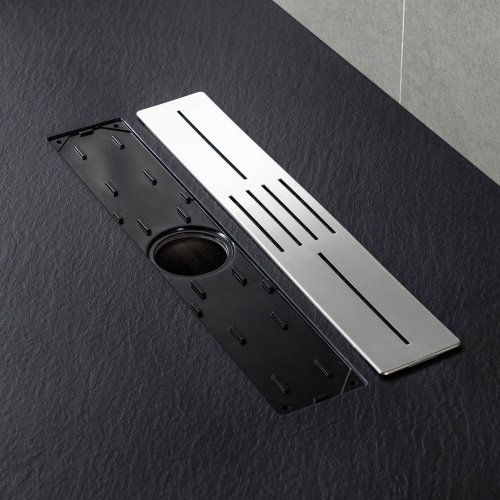 WOODBRIDGE 59" L x 35.4" W Zero Threshold End Drain Shower Base with Center Drain Placement,Matching Decorative Drain Plate and Tile Flange,Wheel