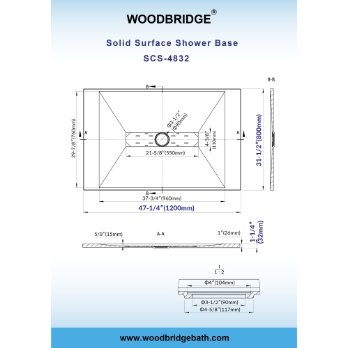 WOODBRIDGE 59" L x 35.4" W Zero Threshold End Drain Shower Base with Center Drain Placement,Matching Decorative Drain Plate and Tile Flange,Wheel