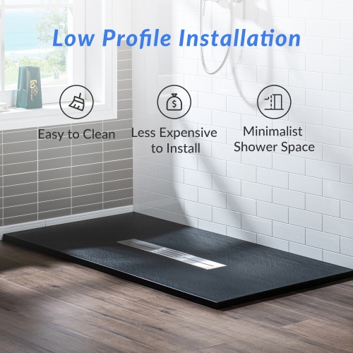 WOODBRIDGE 59" L x 35.4" W Zero Threshold End Drain Shower Base with Center Drain Placement,Matching Decorative Drain Plate and Tile Flange,Wheel