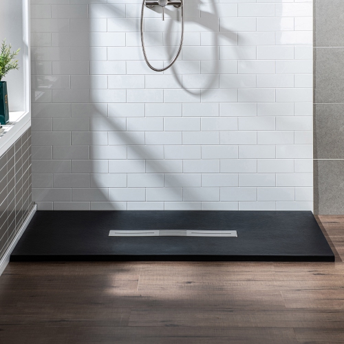 WOODBRIDGE 59" L x 35.4" W Zero Threshold End Drain Shower Base with Center Drain Placement,Matching Decorative Drain Plate and Tile Flange,Wheel