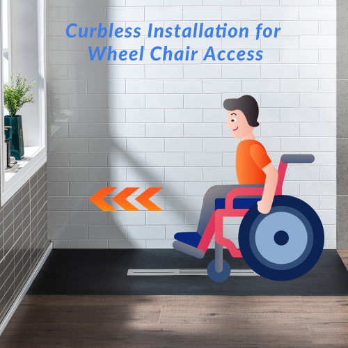 WOODBRIDGE 59" L x 35.4" W Zero Threshold End Drain Shower Base with Center Drain Placement,Matching Decorative Drain Plate and Tile Flange,Wheel