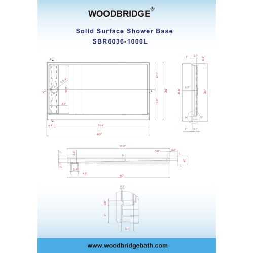 WOODBRIDGE Solid Surface Shower Base with Recessed Trench Side Including Stainless Steel Linear Cover, 60" L x 36" W x 4" H,Left Drain White Color