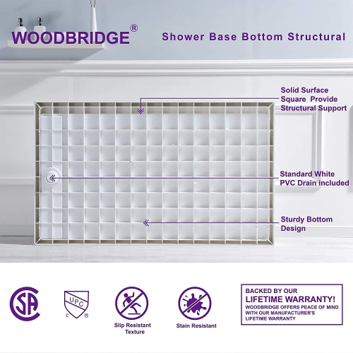 WOODBRIDGE Solid Surface Shower Base with Recessed Trench Side Including Stainless Steel Linear Cover, 60" L x 36" W x 4" H,Left Drain White Color