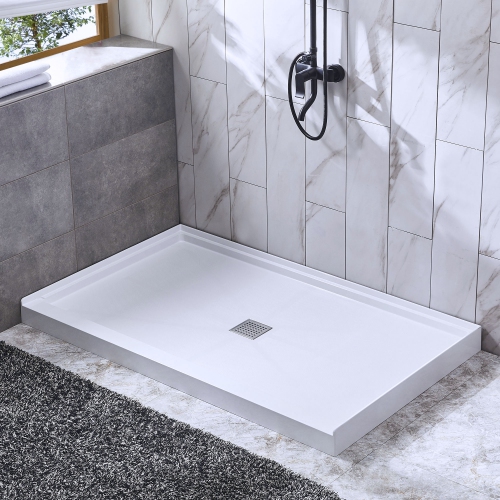 WOODBRIDGE Solid Surface Shower Base with Recessed Trench Side Including Stainless Steel Linear Cover, 48" L x 36" W x4 H,Center Drain White Color