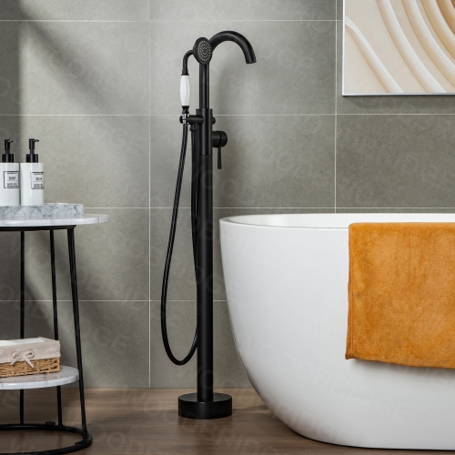 WOODBRIDGE Fusion Single Handle Floor Mount Freestanding Tub Filler Faucet with Telephone Hand shower in Matte Black Finish.
