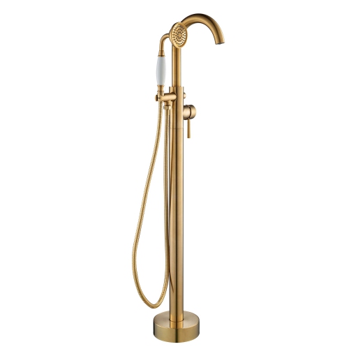 WOODBRIDGE Fusion Single Handle Floor Mount Freestanding Tub Filler Faucet with Telephone Hand shower in Brushed Gold Finish.