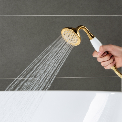 WOODBRIDGE Fusion Single Handle Floor Mount Freestanding Tub Filler Faucet with Telephone Hand shower in Brushed Gold Finish.