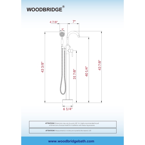WOODBRIDGE Fusion Single Handle Floor Mount Freestanding Tub Filler Faucet with Telephone Hand shower in Brushed Gold Finish.